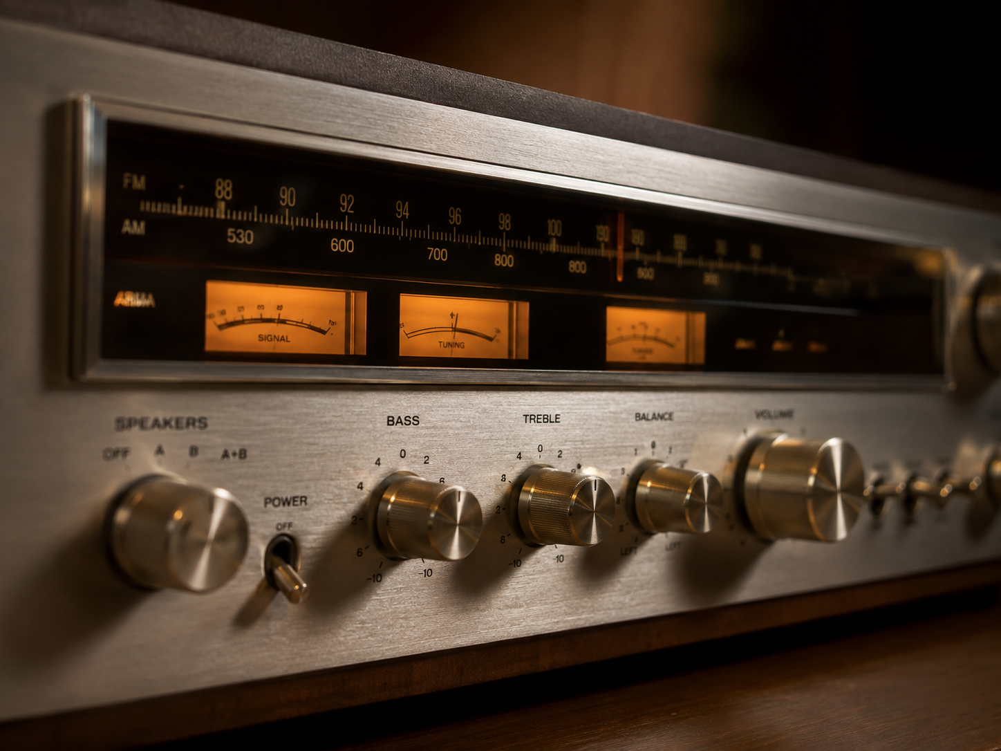 Close-up of vintage receiver faceplate with model and serial identification