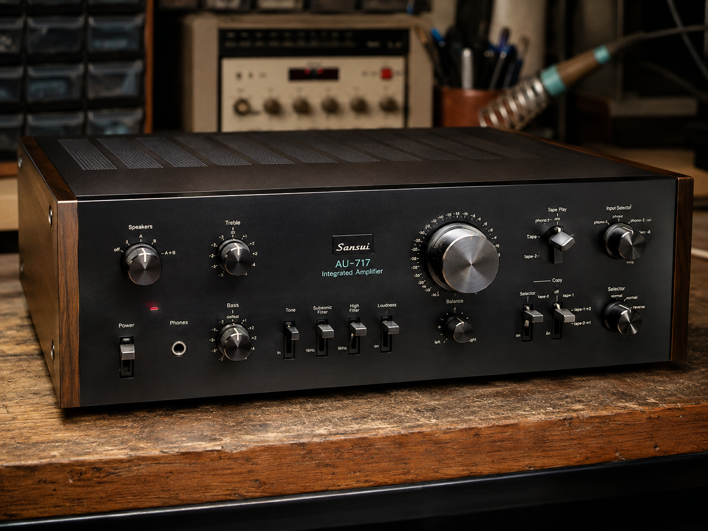 Sansui AU-717 integrated amplifier during diagnostic and repair testing
