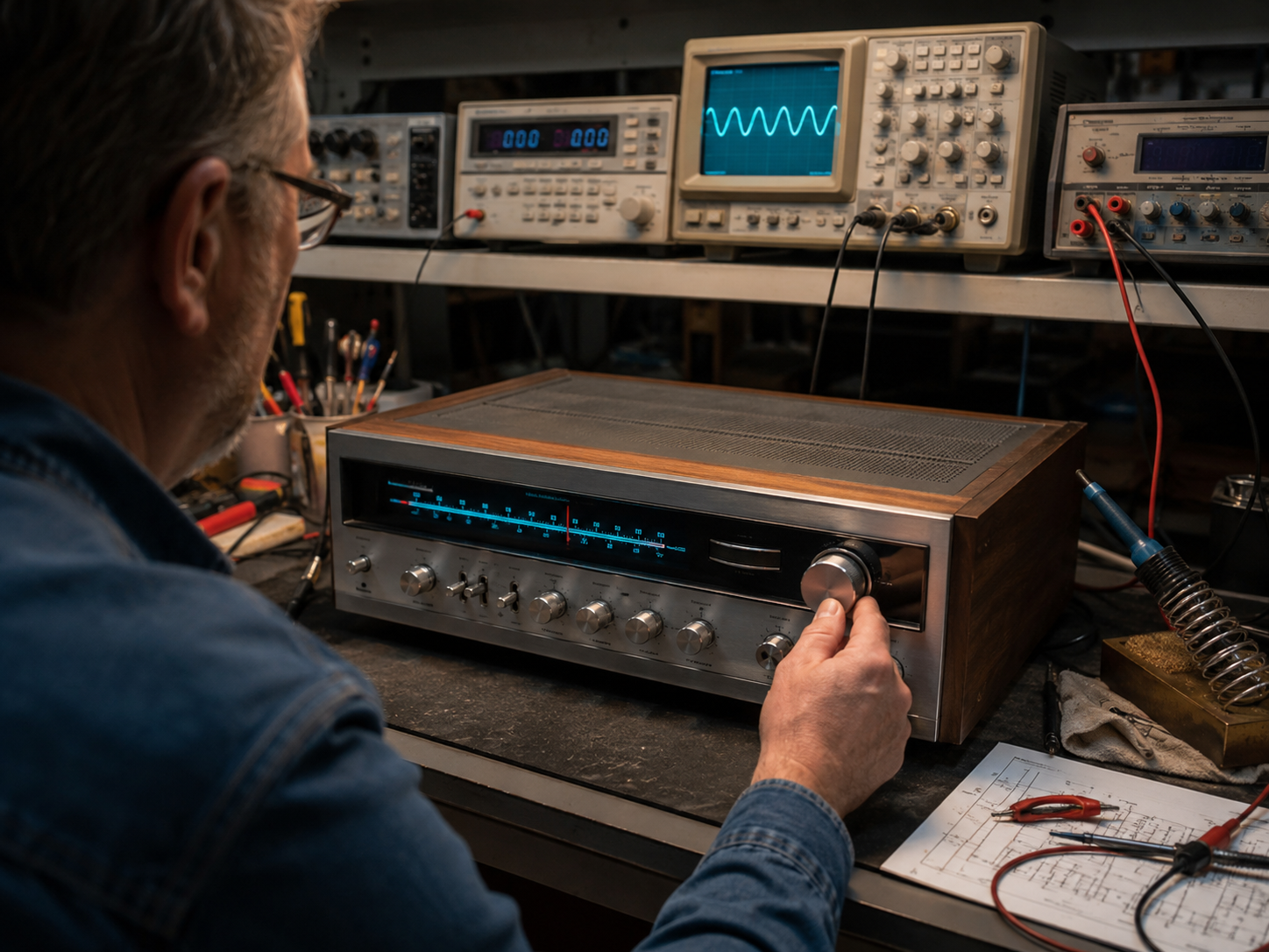 Bench test equipment used during final verification of a restored amplifier