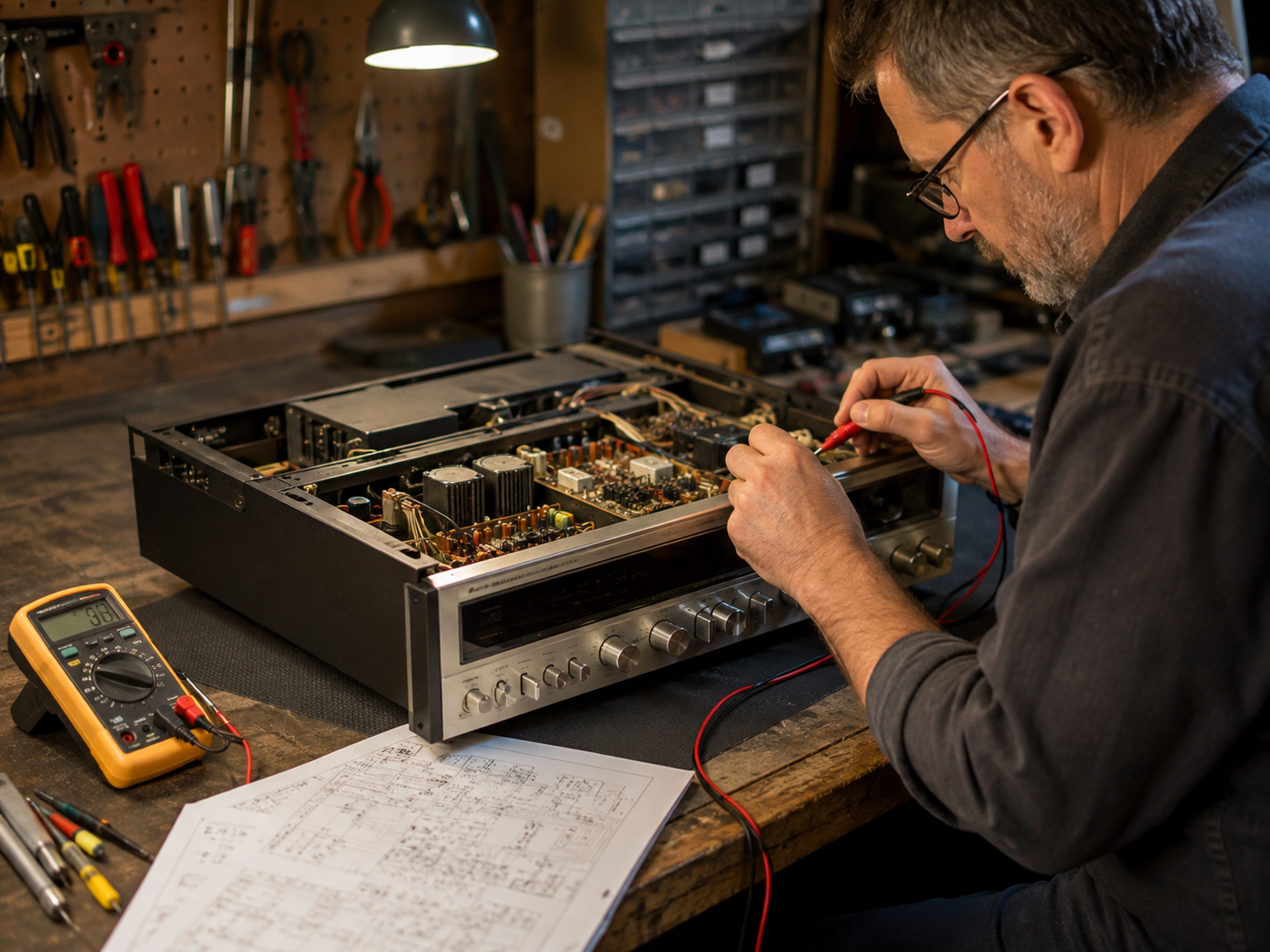 Technician diagnosing a vintage amplifier at the Analog Life workbench
